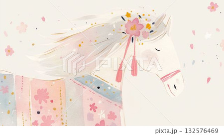 2026年賀状イラスト 和柄の装飾をまとう白馬 2026年賀状イラスト 和柄の装飾をまとう白馬 132576469