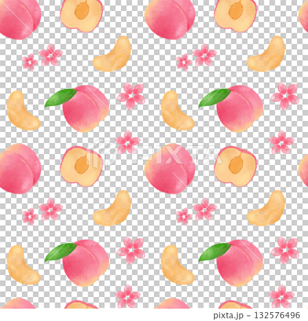 水彩桃子無縫圖案 | 可愛水果圖案，適用於布料、壁紙、春季裝飾、包裝紙、背景設計 132576496