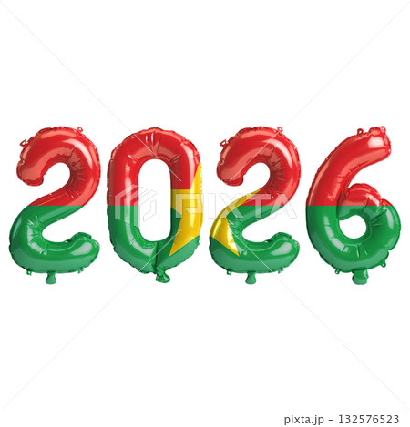 Burkina Faso flag colors 2026 3d illustration, balloon numbers 3d rendering.. 132576523