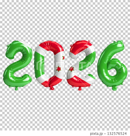 Burundi flag colors 2026 3d illustration, balloon numbers 3d rendering on t.. Burundi flag colors 2026 3d illustration, balloon numbers 3d rendering on t.. 132576524