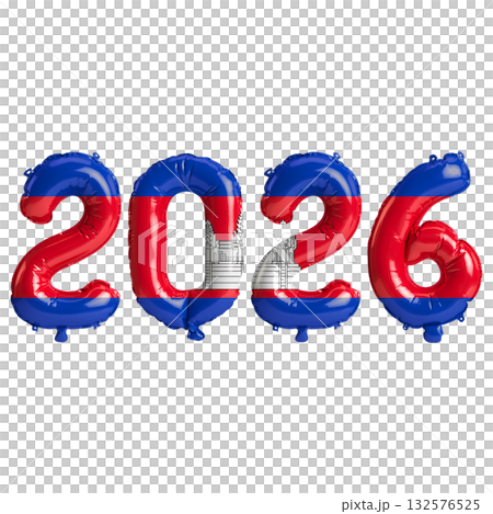 Cambodia flag colors 2026 3d illustration, balloon numbers 3d rendering on .. Cambodia flag colors 2026 3d illustration, balloon numbers 3d rendering on .. 132576525