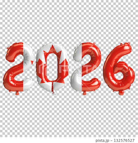 Canada flag colors 2026 3d illustration, balloon numbers 3d rendering on tr.. Canada flag colors 2026 3d illustration, balloon numbers 3d rendering on tr.. 132576527