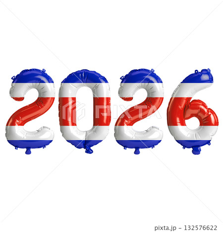 Costa Rica flag colors 2026 3d illustration, balloon numbers 3d rendering o.. 132576622