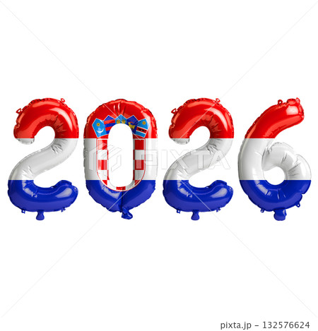 Croatia flag colors 2026 3d illustration, balloon numbers 3d rendering on t.. Croatia flag colors 2026 3d illustration, balloon numbers 3d rendering on t.. 132576624