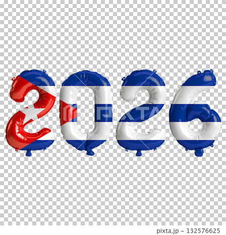 Cuba flag colors 2026 3d illustration, balloon numbers 3d rendering on tran.. 132576625