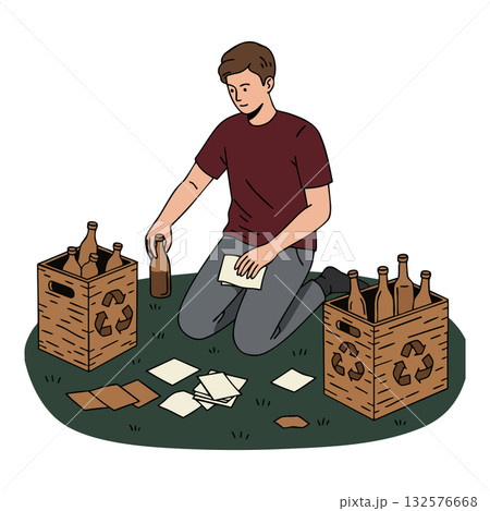 Young man recycling glass bottles with cardboard sorting on grass vector illustration 132576668