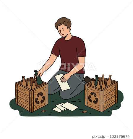 Young man sorting glass bottles for recycling in wooden crates environmental care vector 132576674