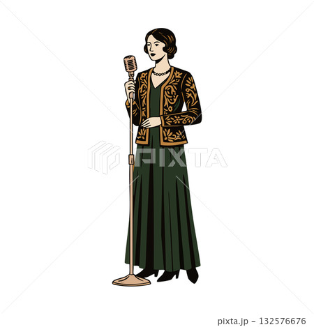 Vintage female singer in long green dress holding microphone vector illustration 132576676