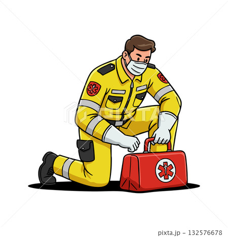 Paramedic Wearing Mask Kneeling with Red Medical Bag Emergency Response Vector Illustration 132576678