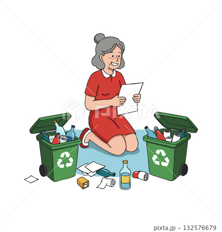 Elderly woman sorting recyclable bottles and paper waste near green recycling bins vector illustration 132576679