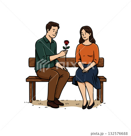 Couple sitting on bench with man giving woman red rose romantic gesture vector illustration 132576688