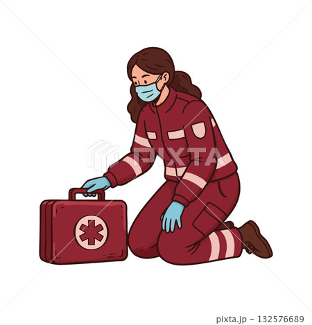Female Emergency Responder Wearing Mask Kneeling with Medical Kit in Red Uniform Vector Illustration 132576689