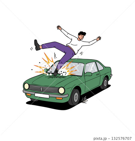 Man Falling Off Green Car After Collision Illustration Vector Artwork 132576707