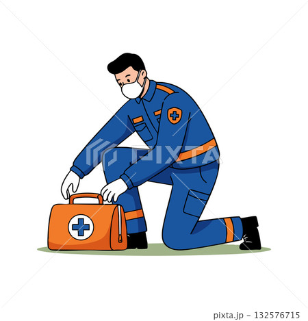 Emergency medical responder kneeling with first aid kit wearing mask and protective uniform vector illustration Emergency medical responder kneeling with first aid kit wearing mask and protective uniform vector illustration 132576715