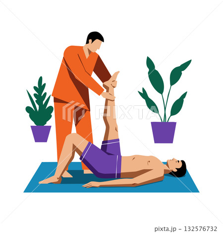 Physical therapy session with male therapist assisting man on mat in orange and purple clothes Physical therapy session with male therapist assisting man on mat in orange and purple clothes 132576732