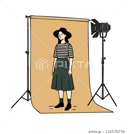 Woman posing in photography studio with beige backdrop and lighting equipment vector illustration Woman posing in photography studio with beige backdrop and lighting equipment vector illustration 132576736