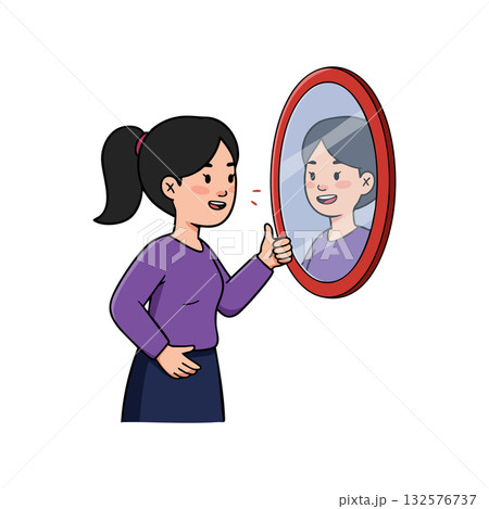 Woman Giving Thumbs Up to Reflection in Mirror Positive Self Image Vector Illustration Woman Giving Thumbs Up to Reflection in Mirror Positive Self Image Vector Illustration 132576737