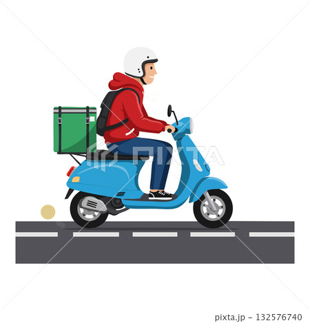 Delivery person riding blue scooter with green box on city road vector illustration Delivery person riding blue scooter with green box on city road vector illustration 132576740