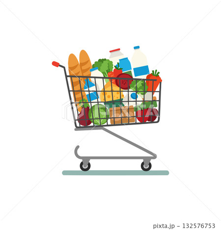 Shopping cart filled with groceries including bread milk vegetables and fruits vector illustration 132576753
