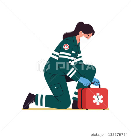 Female Paramedic Wearing Protective Mask and Gloves Kneeling with Medical Kit Vector Illustration Female Paramedic Wearing Protective Mask and Gloves Kneeling with Medical Kit Vector Illustration 132576754