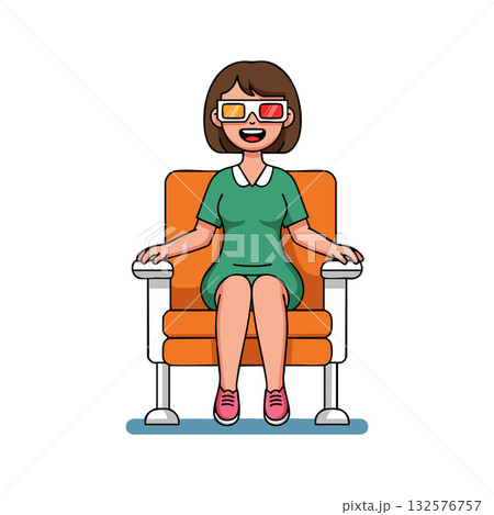 Woman wearing 3D glasses sitting in orange chair enjoying movie entertainment vector Woman wearing 3D glasses sitting in orange chair enjoying movie entertainment vector 132576757