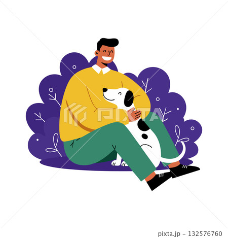 Man sitting on ground hugging dog with purple leaves in background vector illustration Man sitting on ground hugging dog with purple leaves in background vector illustration 132576760