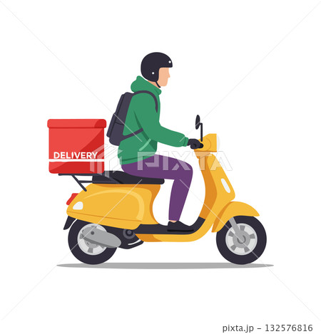Delivery person riding yellow scooter with red box and green jacket vector illustration 132576816