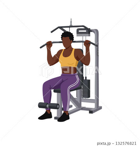 Woman using gym equipment for strength training workout in fitness center vector illustration 132576821