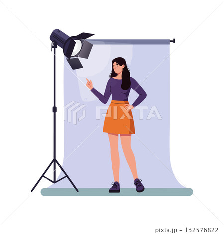 Woman posing in photography studio with spotlight and backdrop vector illustration Woman posing in photography studio with spotlight and backdrop vector illustration 132576822