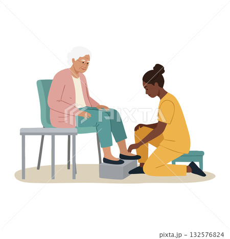 Healthcare worker assisting elderly woman with foot care in home setting vector illustration Healthcare worker assisting elderly woman with foot care in home setting vector illustration 132576824