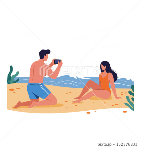 Couple at beach taking photo with smartphone on sandy shore near ocean waves vector illustration 132576833