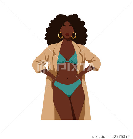 Confident woman in teal bikini and beige coat fashion illustration vector Confident woman in teal bikini and beige coat fashion illustration vector 132576855