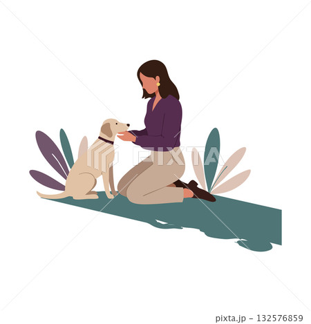 Woman kneeling and petting dog on ground with decorative leaves vector illustration Woman kneeling and petting dog on ground with decorative leaves vector illustration 132576859