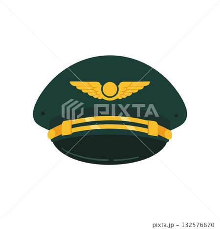 Pilot cap with golden wings and strap vector illustration in flat style Pilot cap with golden wings and strap vector illustration in flat style 132576870