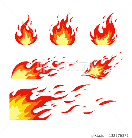 Fire flame icons and burning fire illustrations with red and yellow colors vector set 132576871