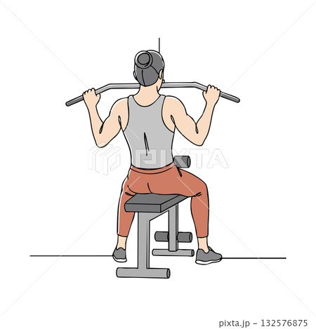 Man Exercising Lat Pulldown Machine at Gym Fitness Routine Strength Training Man Exercising Lat Pulldown Machine at Gym Fitness Routine Strength Training 132576875