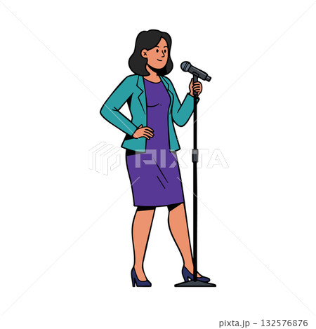 Woman standing in purple dress and teal jacket speaking into microphone vector illustration Woman standing in purple dress and teal jacket speaking into microphone vector illustration 132576876