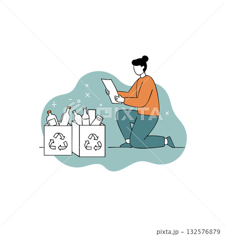 Person Sorting Recyclable Bottles and Paper for Environmental Recycling Awareness Illustration 132576879