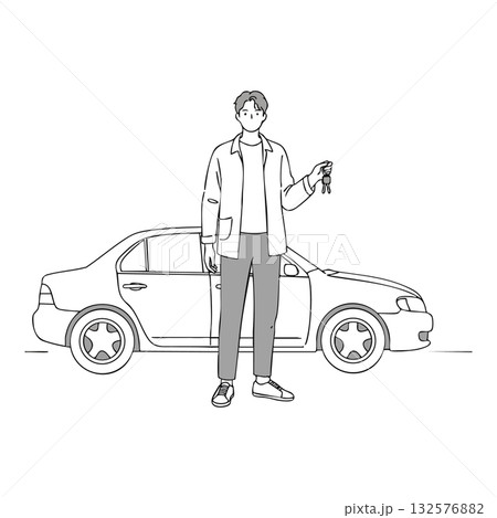 Man holding car keys standing near sedan vehicle in casual outfit vector illustration 132576882