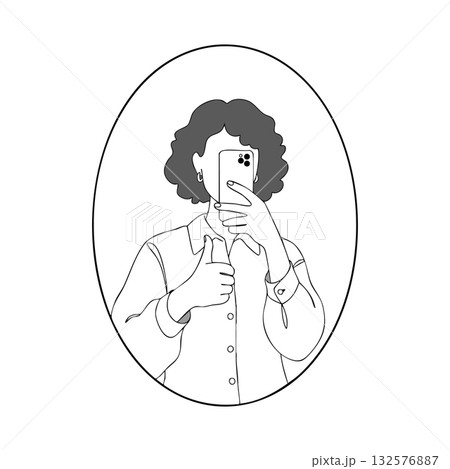 Person Taking Selfie with Smartphone Showing Thumbs Up Gesture in Oval Mirror Vector Illustration 132576887
