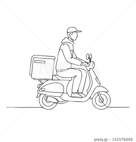 Delivery person riding scooter with cargo box urban transportation vector illustration 132576888