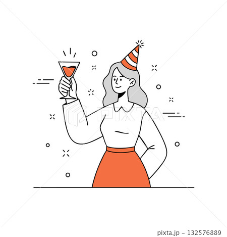 Woman celebrating with cocktail glass and party hat in minimal style vector illustration Woman celebrating with cocktail glass and party hat in minimal style vector illustration 132576889