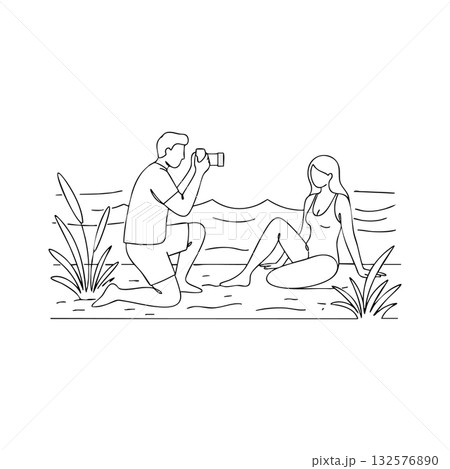 Man taking photo of woman sitting on beach shore with plants and waves vector illustration 132576890