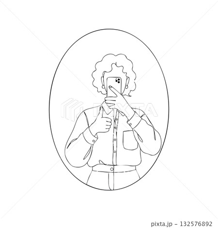 Person Taking Mirror Selfie with Thumb Up Gesture in Outline Style Vector Illustration Person Taking Mirror Selfie with Thumb Up Gesture in Outline Style Vector Illustration 132576892