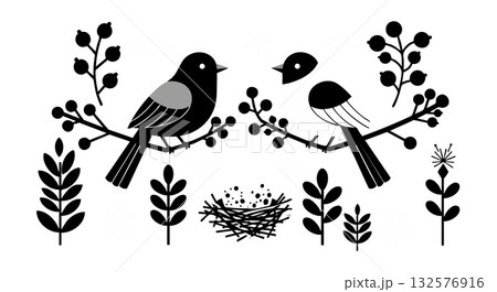 Black and white birds sitting on branches with nest and leaves vector illustration 132576916