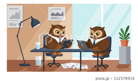 Owl Business Meeting Vector Illustration with Office Setting and Technology Devices 132576918