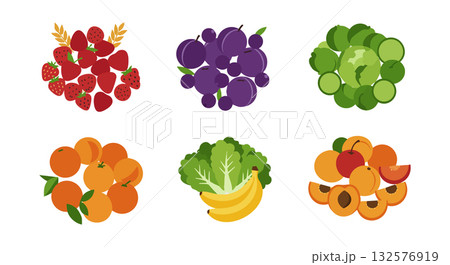 Fresh colorful fruit bundles with grapes, strawberries, peaches, apricots, bananas, and apples vector illustration 132576919