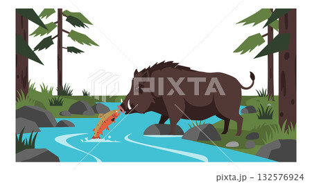 Wild boar drinking water from forest stream with green trees and rocks natural scene Wild boar drinking water from forest stream with green trees and rocks natural scene 132576924