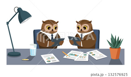 Owl Business Meeting Vector Illustration with Office Desk Lamp and Documents 132576925