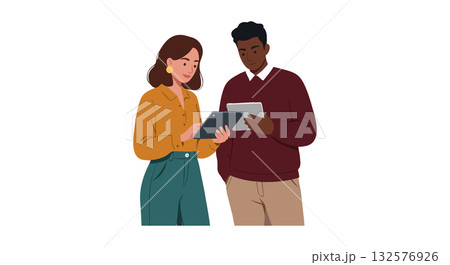 Two people collaborating using digital tablets in casual clothing vector illustration 132576926